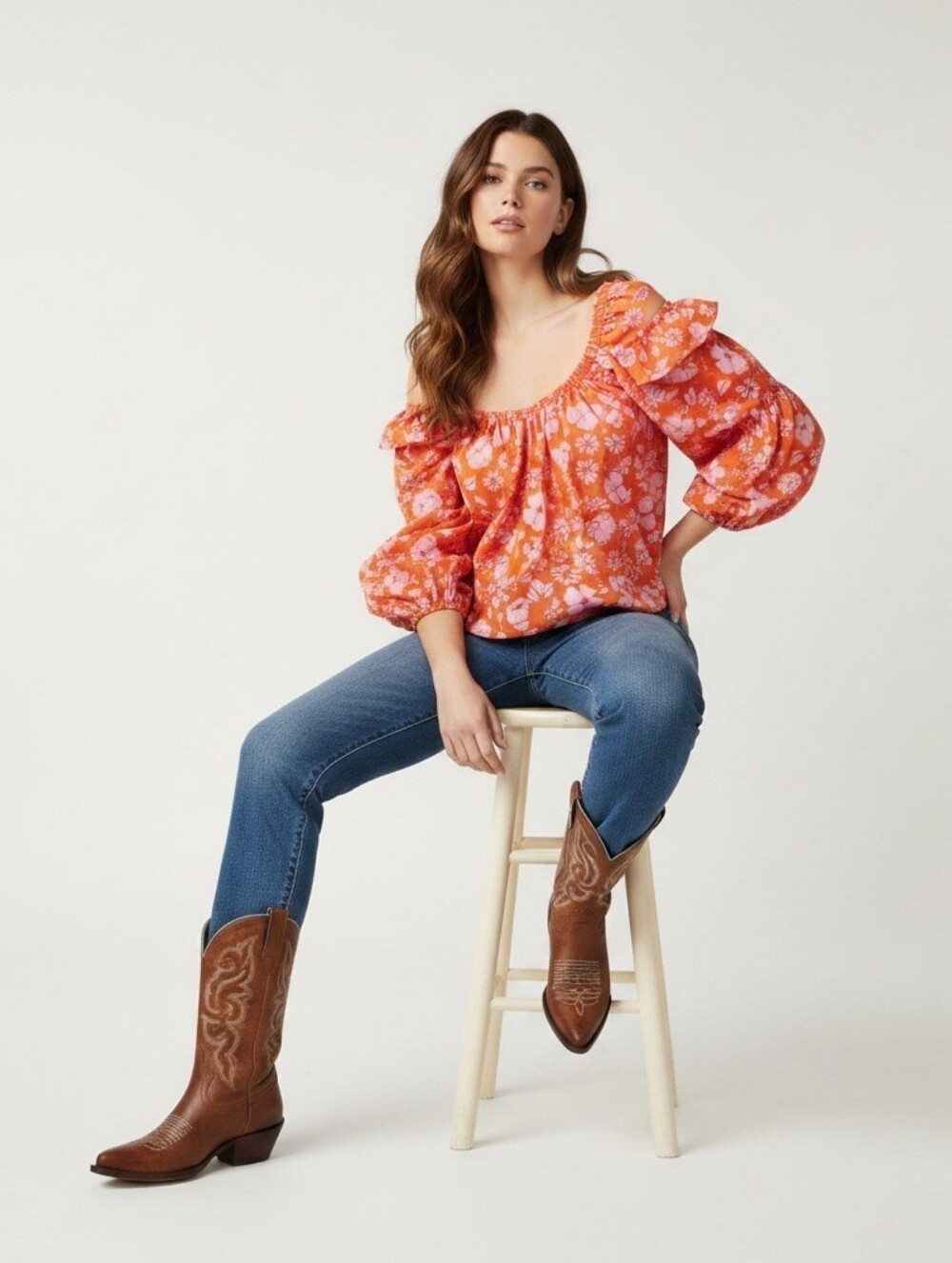 Free People Floral Puff Sleeve Peasant Blouse Orange Size Large